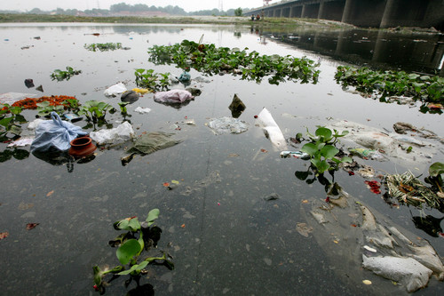 TO GO WITH INDIA-ENVIRONMENT-RIVER-POLLUTION The polluted waters of the River Yamuna at Wazirabad on the outskirts of New Delhi, 15 June 2007. From a boat on the Yamuna River that flows past India's capital, it's easy to spot bubbles of fetid gas sent up to the water's surface by rotting sewage -- and that's after at least 350 million dollars has been spent on cleaning it up. AFP PHOTO/Tauseef MUSTAFA (Photo credit should read TAUSEEF MUSTAFA/AFP/Getty Images)