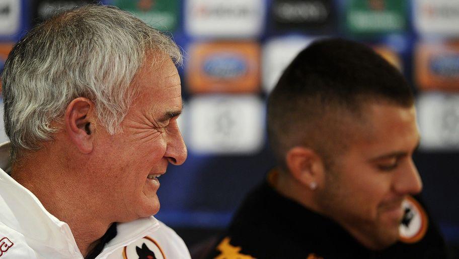 AS Roma's coach Claudio Ranieri (L) and French midfielder Jeremy Menez smile during a press conference after a training session at Trigoria's training Field in the outskirts of Rome on November 22, 2010 on the eve of their group E Champion's League football match against Bayern Munich in Rome's Olympic Stadium. AFP PHOTO / Filippo MONTEFORTE (Photo credit should read FILIPPO MONTEFORTE/AFP/Getty Images)