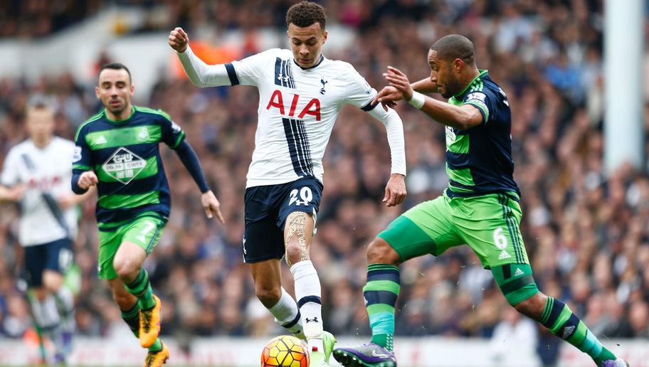 LONDON, ENGLAND - FEBRUARY 28:  Dele Alli of Tottenham Hotspur is challenged by Ashley Williams of Swansea City during the Barclays Premier League match between Tottenham Hotspur and Swansea City at White Hart Lane on February 28, 2016 in London, England.  (Photo by Julian Finney/Getty Images)