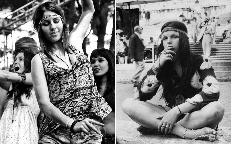 hippie-couple-standing-barefoot-on-a-road-holding-a-bundle-wine-bottle-at-woodstock-451__880