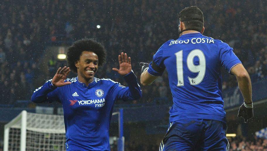 Chelsea's Brazilian-born Spanish striker Diego Costa (R) celebrates scoring his team's first goal with Chelsea's Brazilian midfielder Willian during the English Premier League football match between Chelsea and Newcastle United at Stamford Bridge in London on February 13, 2016.  / AFP / GLYN KIRK / RESTRICTED TO EDITORIAL USE. No use with unauthorized audio, video, data, fixture lists, club/league logos or 'live' services. Online in-match use limited to 75 images, no video emulation. No use in betting, games or single club/league/player publications.  /         (Photo credit should read GLYN KIRK/AFP/Getty Images)