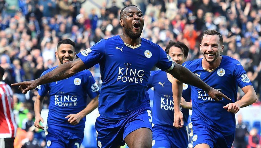 Leicester City's English defender Wes Morgan (C) celebrates after scoring during the English Premier League football match between Leicester City and Southampton at King Power Stadium in Leicester, central England on April 3, 2016. / AFP / BEN STANSALL / RESTRICTED TO EDITORIAL USE. No use with unauthorized audio, video, data, fixture lists, club/league logos or 'live' services. Online in-match use limited to 75 images, no video emulation. No use in betting, games or single club/league/player publications.  /         (Photo credit should read BEN STANSALL/AFP/Getty Images)